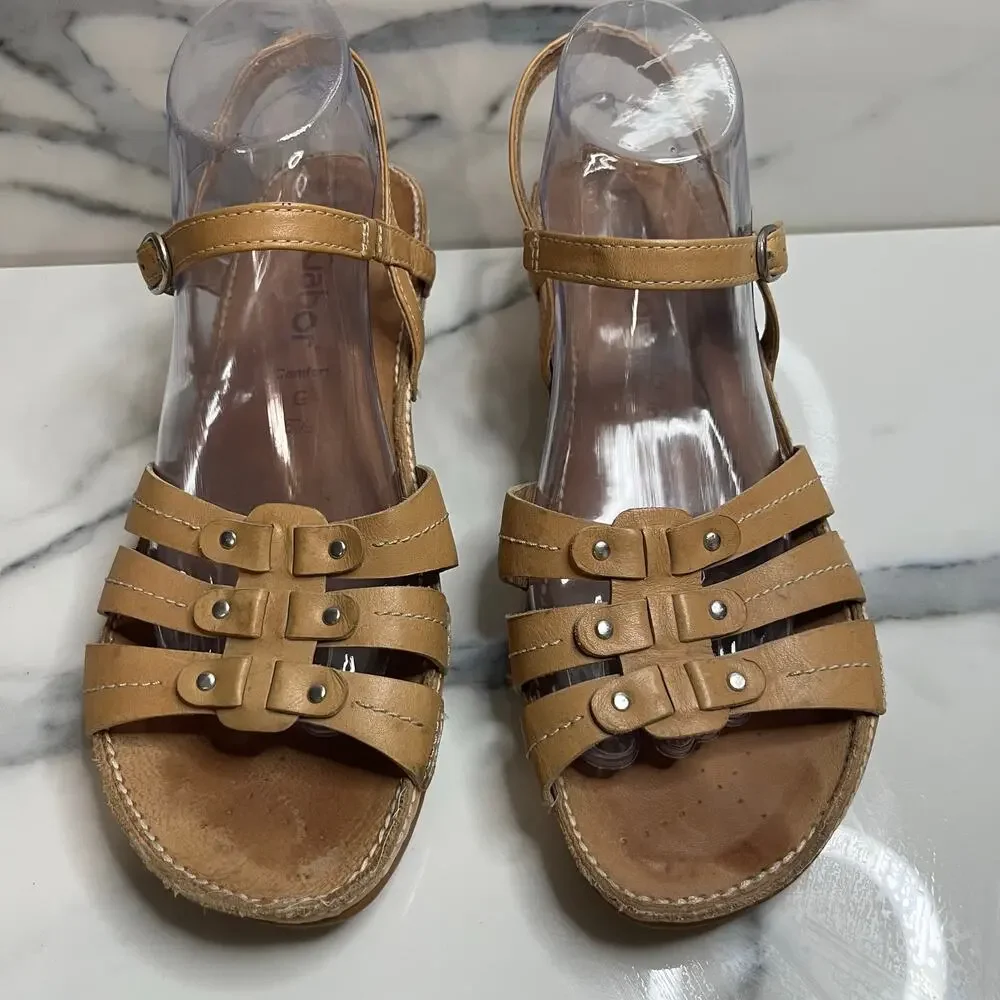 Gabor Womens Tan Leather Low Wedge Sandals US Sz 9 Strappy Comfort Festival Boho